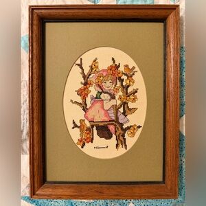 Vintage Hummel Finished Cross Stitch Framed & Matted: Girl in a Tree with Birds